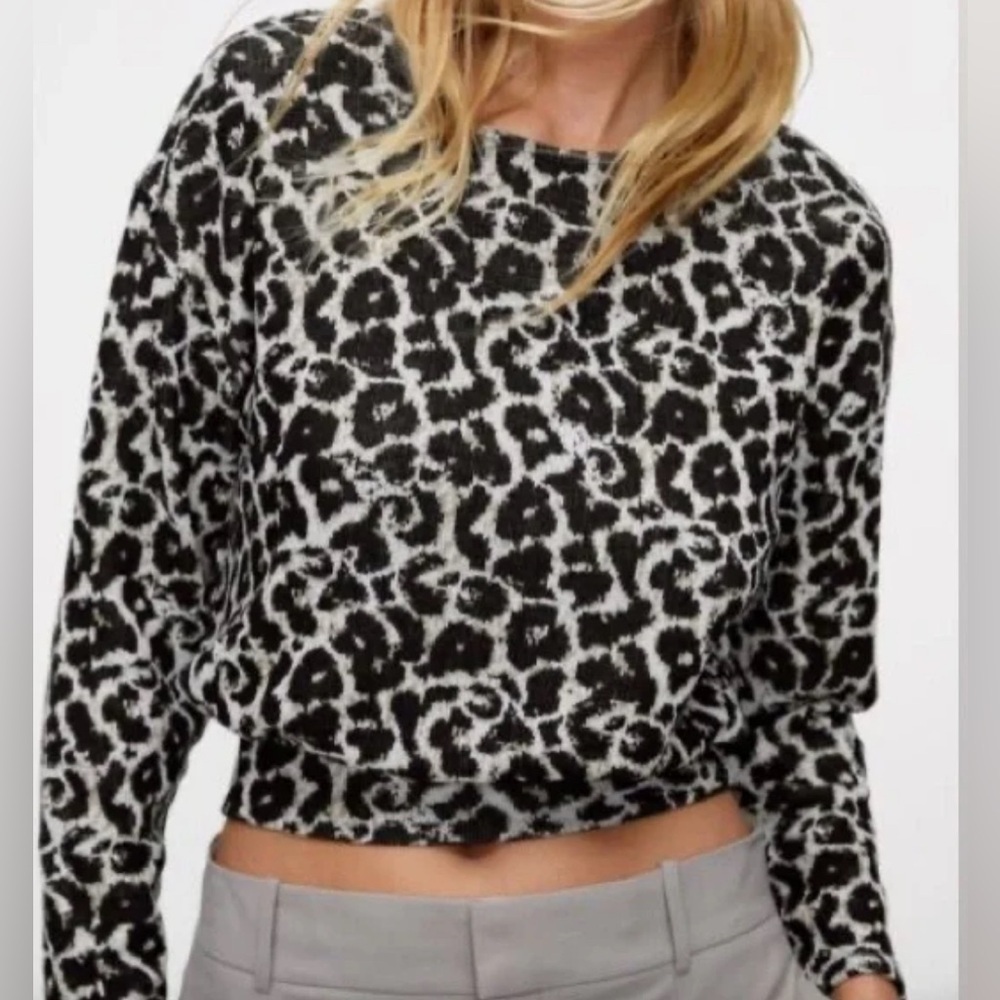 Zara Leopard Print Long Sleeve Crewneck Sweater Size S